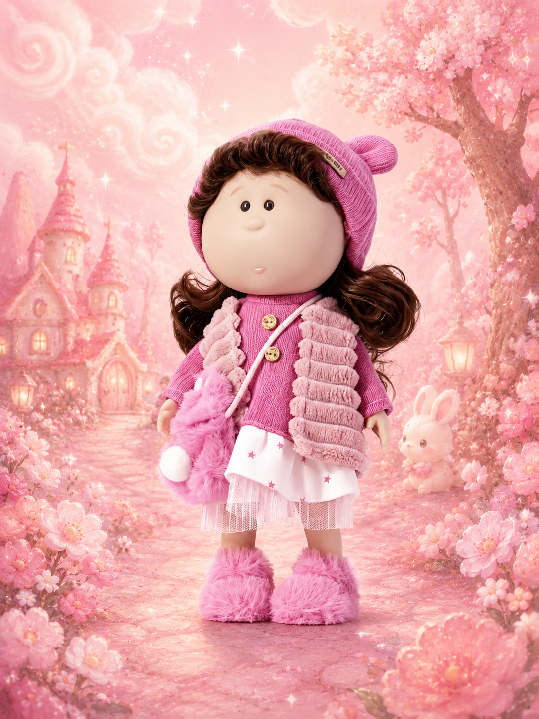 30cm Spanish Mia Potato Doll Pink Plush Bear-Ear Winter Outfit Set, Handmade DIY Dress-Up Collectible Toy, Birthday Holiday Gift for Girls