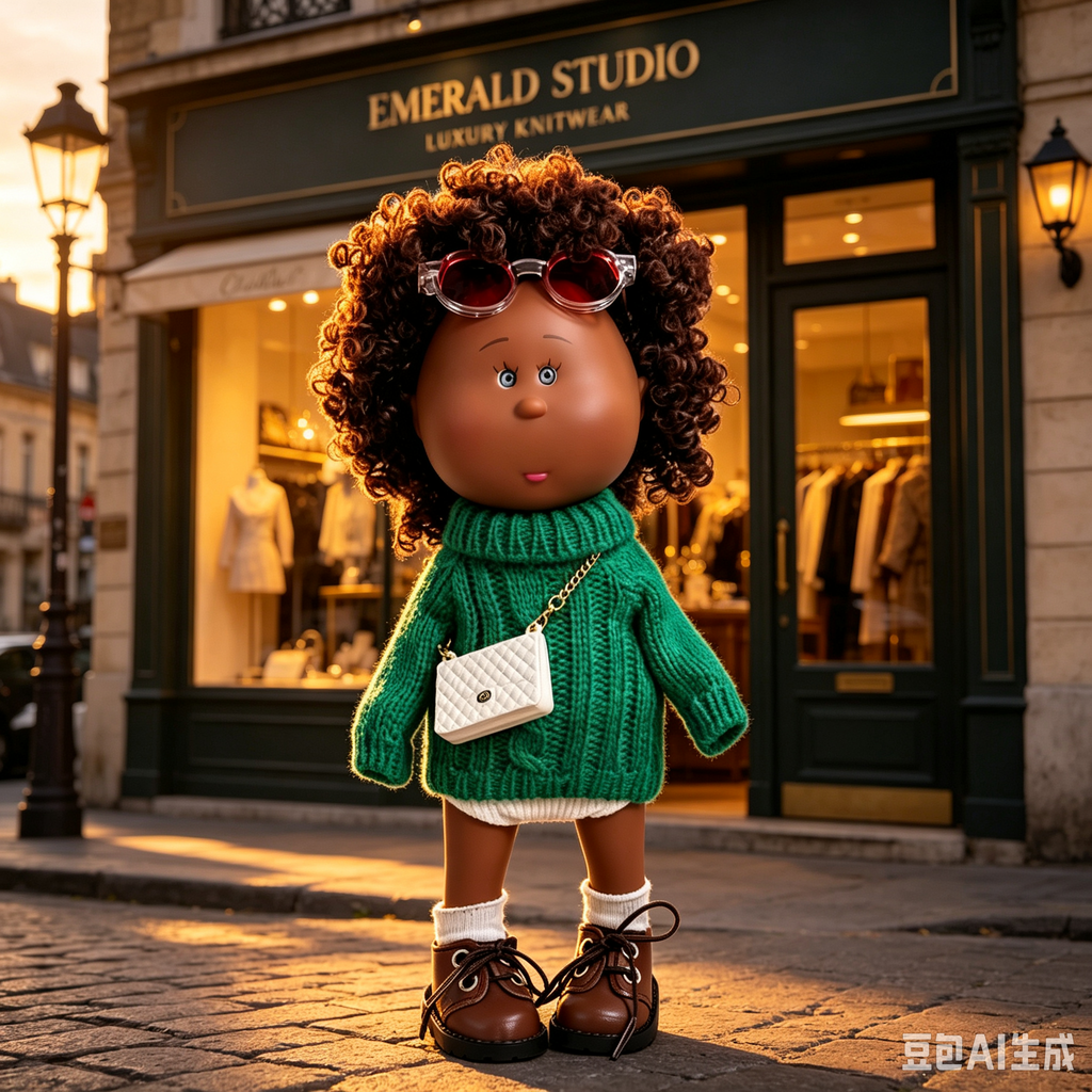 24cm MIA Potato Doll Fluffy Brown Curly Hair with Red‑Tint Sunglasses Thick Cable‑Knit Green Turtleneck Sweater White Quilted Mini Crossbody Bag White Crew Socks Brown Lace‑Up Leather Shoes Fashion Dress‑Up Toy Birthday Christmas Gift for Children
