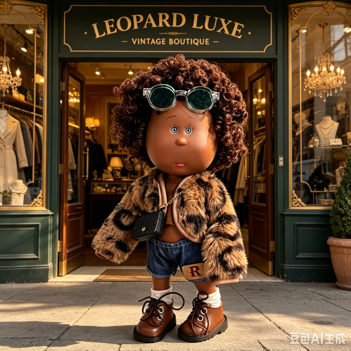 Luxury Street Style MIA Potato Doll 24cm Brown Afro Curly Hair Doll Fur Denim Outfit Pretend Play Collectible Toy Holiday Present for Boys & Girls