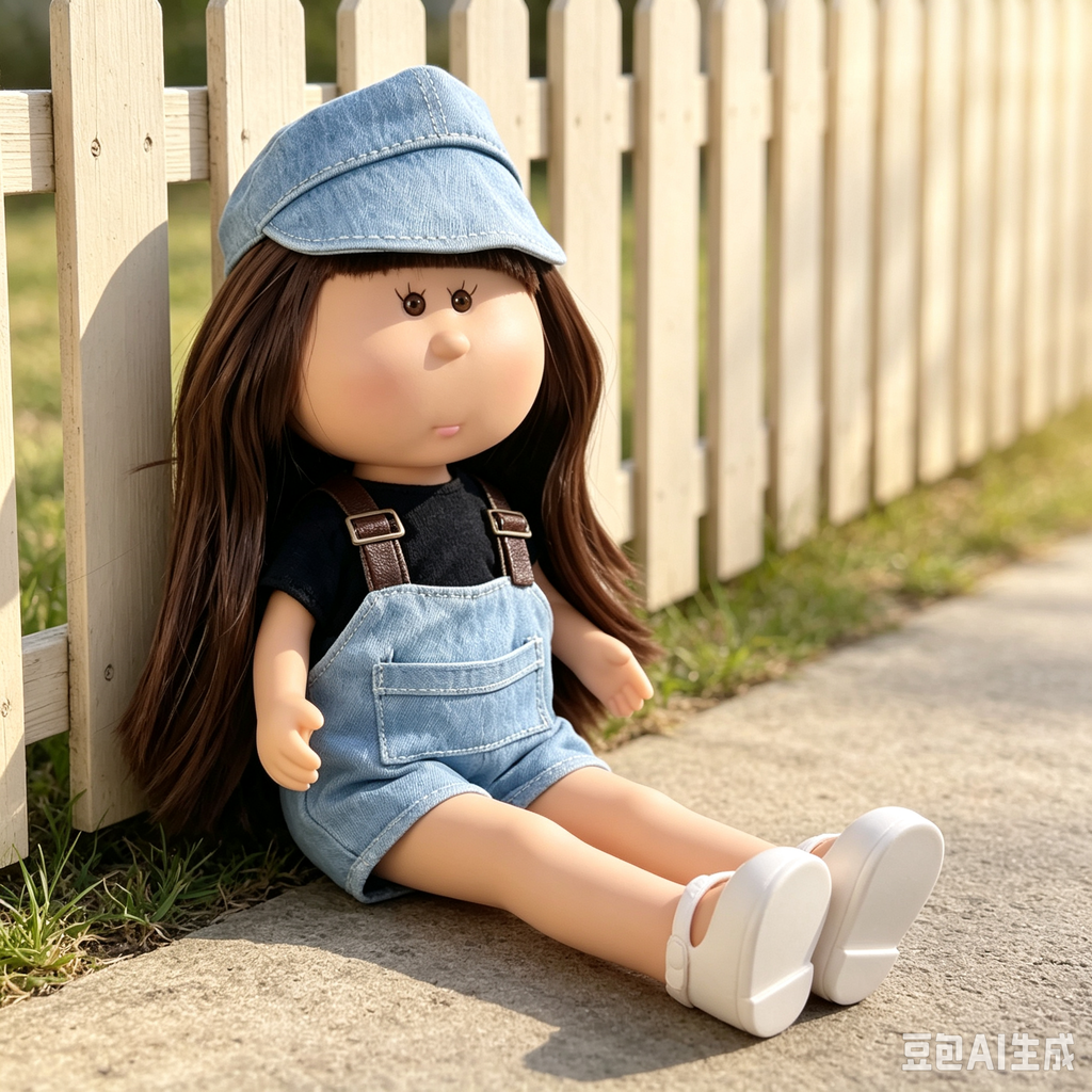 24cm MIA Potato Doll – Long Brown Hair with Bangs, Denim Cap, Denim Overalls, White Flat Shoes. Vintage Casual Style Doll—perfect as a birthday, Christmas, Children’s Day gift for imaginative play.