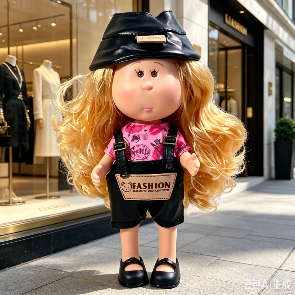 24cm MIA Potato Doll Long Blonde Wavy Hair with Black PU Bucket Hat Pink Printed Short‑Sleeve Shirt Black PU Overalls Black Mary Jane Shoes Fashion Dress‑Up Toy Birthday Christmas Gift for Children