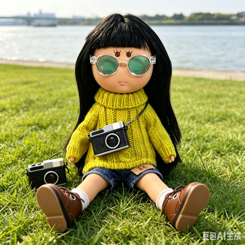 24cm MIA Potato Doll Long Straight Black Hair with Green‑Lens Sunglasses Bright Yellow Cable‑Knit Turtleneck Sweater R‑Patch Denim Shorts Mini Camera Crossbody Bag Brown Lace‑Up Leather Shoes Fashion Dress‑Up Toy Birthday Christmas Gift for Children