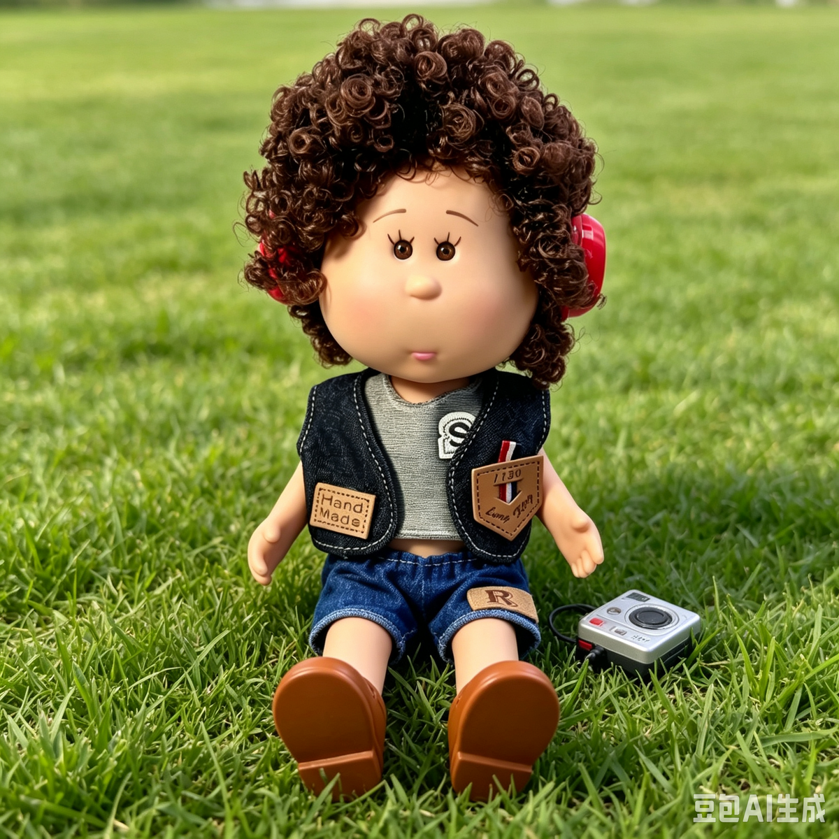 24cm MIA Potato Doll Brown Curly Hair with Red Headphones Gray Inner Shirt Denim Vest Denim Shorts Brown Mary Jane Shoes Fashion Dress‑Up Toy Birthday Christmas Gift for Children