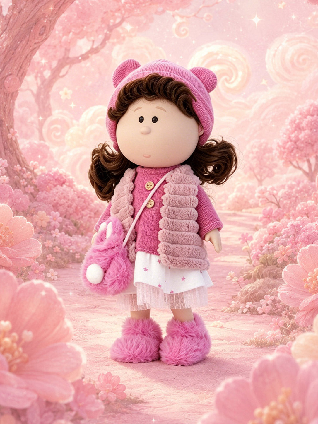 30cm Spanish Mia Potato Doll Pink Plush Bear-Ear Winter Outfit Set, Handmade DIY Dress-Up Collectible Toy, Birthday Holiday Gift for Girls