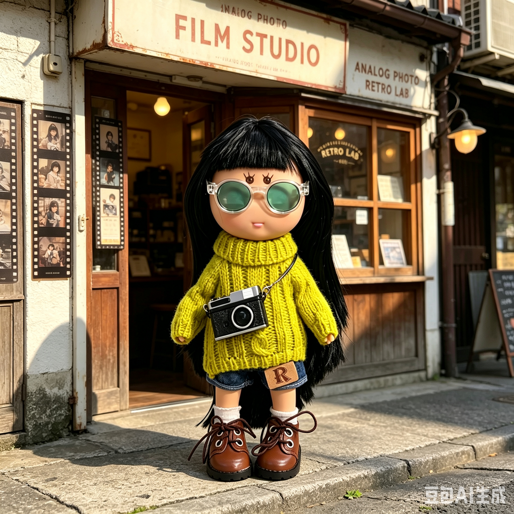 24cm MIA Potato Doll Long Straight Black Hair with Green‑Lens Sunglasses Bright Yellow Cable‑Knit Turtleneck Sweater R‑Patch Denim Shorts Mini Camera Crossbody Bag Brown Lace‑Up Leather Shoes Fashion Dress‑Up Toy Birthday Christmas Gift for Children