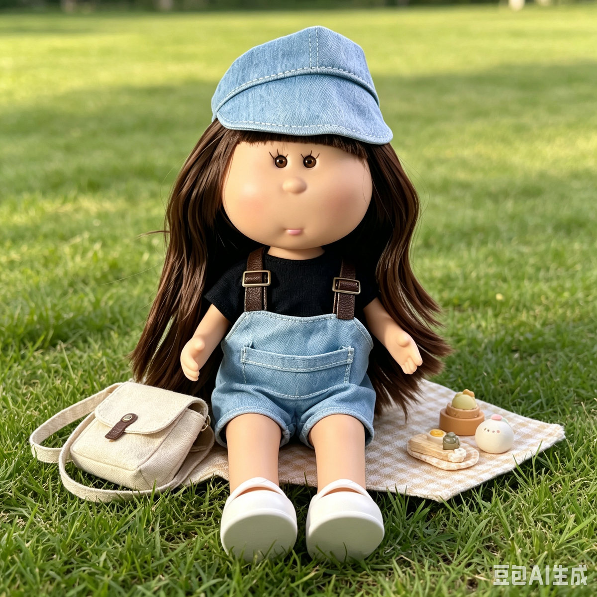 24cm MIA Potato Doll – Long Brown Hair with Bangs, Denim Cap, Denim Overalls, White Flat Shoes. Vintage Casual Style Doll—perfect as a birthday, Christmas, Children’s Day gift for imaginative play.