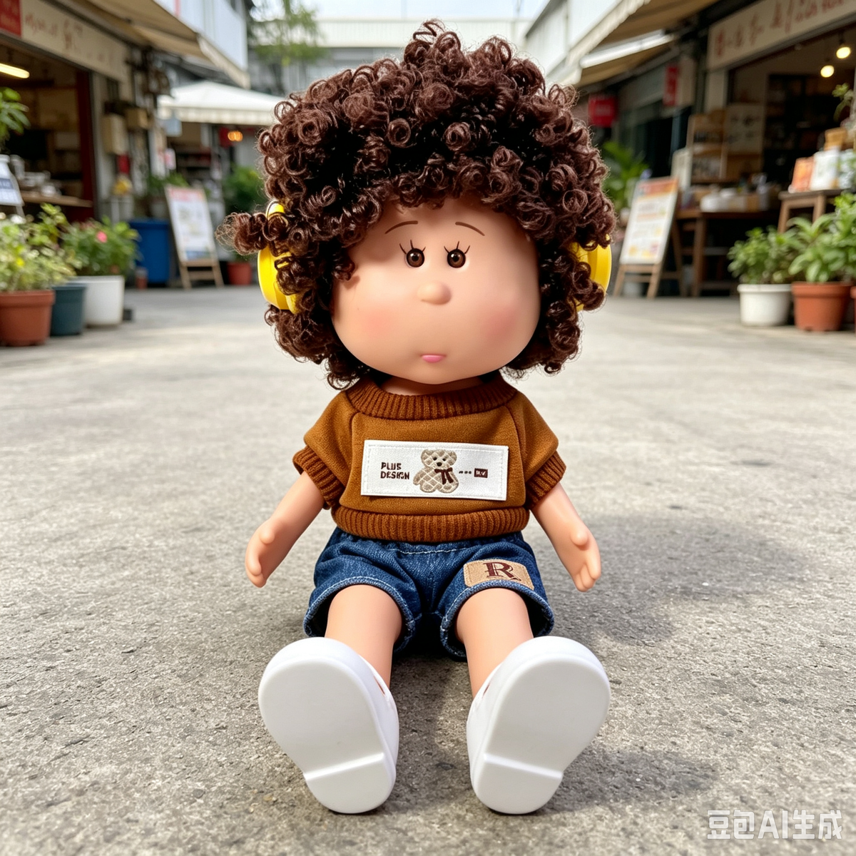 24cm MIA Potato Doll Brown Curly Hair with Yellow Headphones Knit Top Denim Shorts White Flat Shoes Fashion Dress‑Up Toy Birthday Christmas Gift for Children