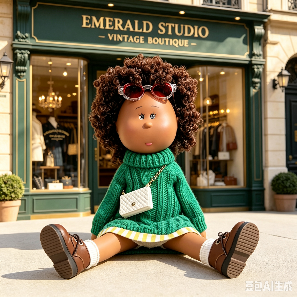 24cm MIA Potato Doll Fluffy Brown Curly Hair with Red‑Tint Sunglasses Thick Cable‑Knit Green Turtleneck Sweater White Quilted Mini Crossbody Bag White Crew Socks Brown Lace‑Up Leather Shoes Fashion Dress‑Up Toy Birthday Christmas Gift for Children