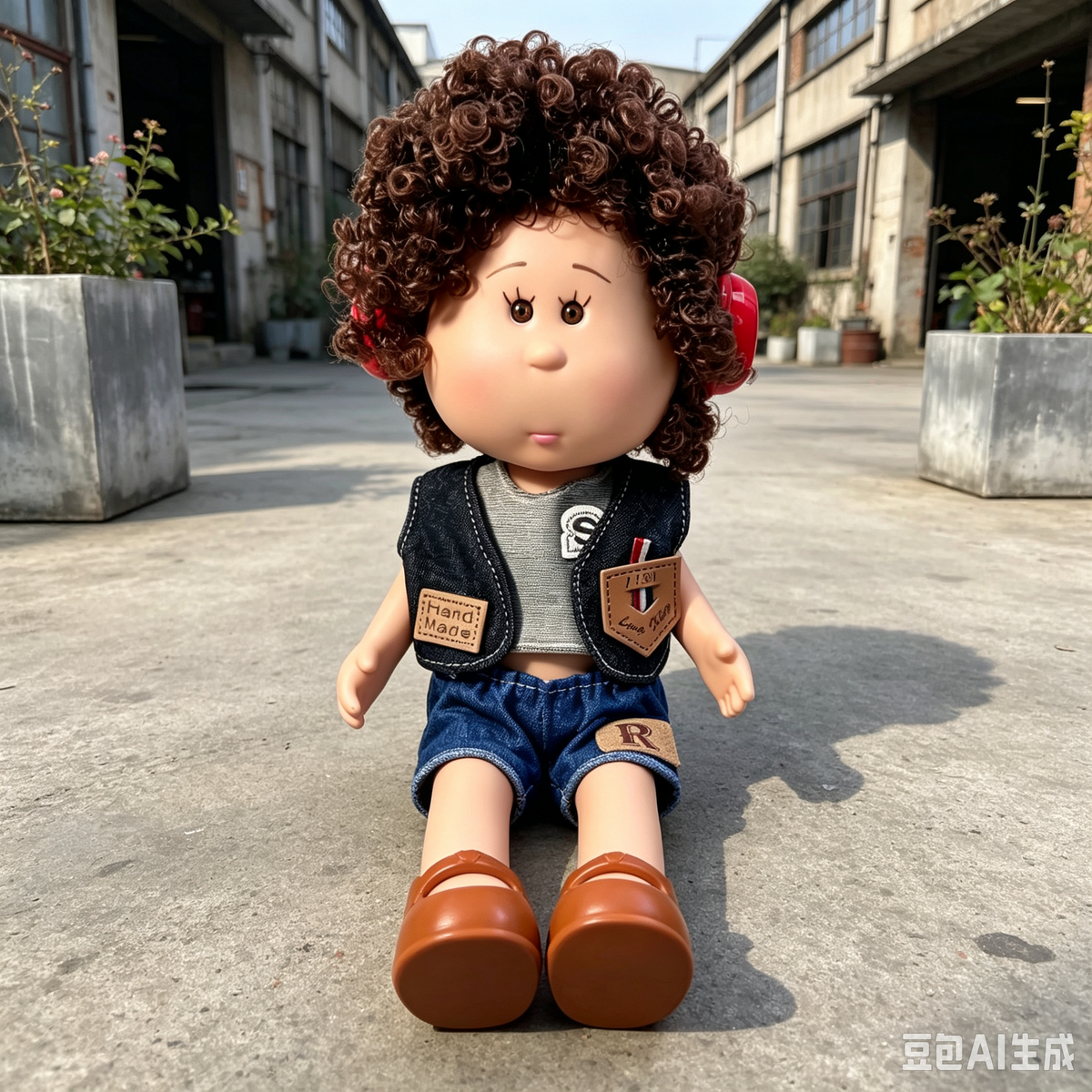 24cm MIA Potato Doll Brown Curly Hair with Red Headphones Gray Inner Shirt Denim Vest Denim Shorts Brown Mary Jane Shoes Fashion Dress‑Up Toy Birthday Christmas Gift for Children