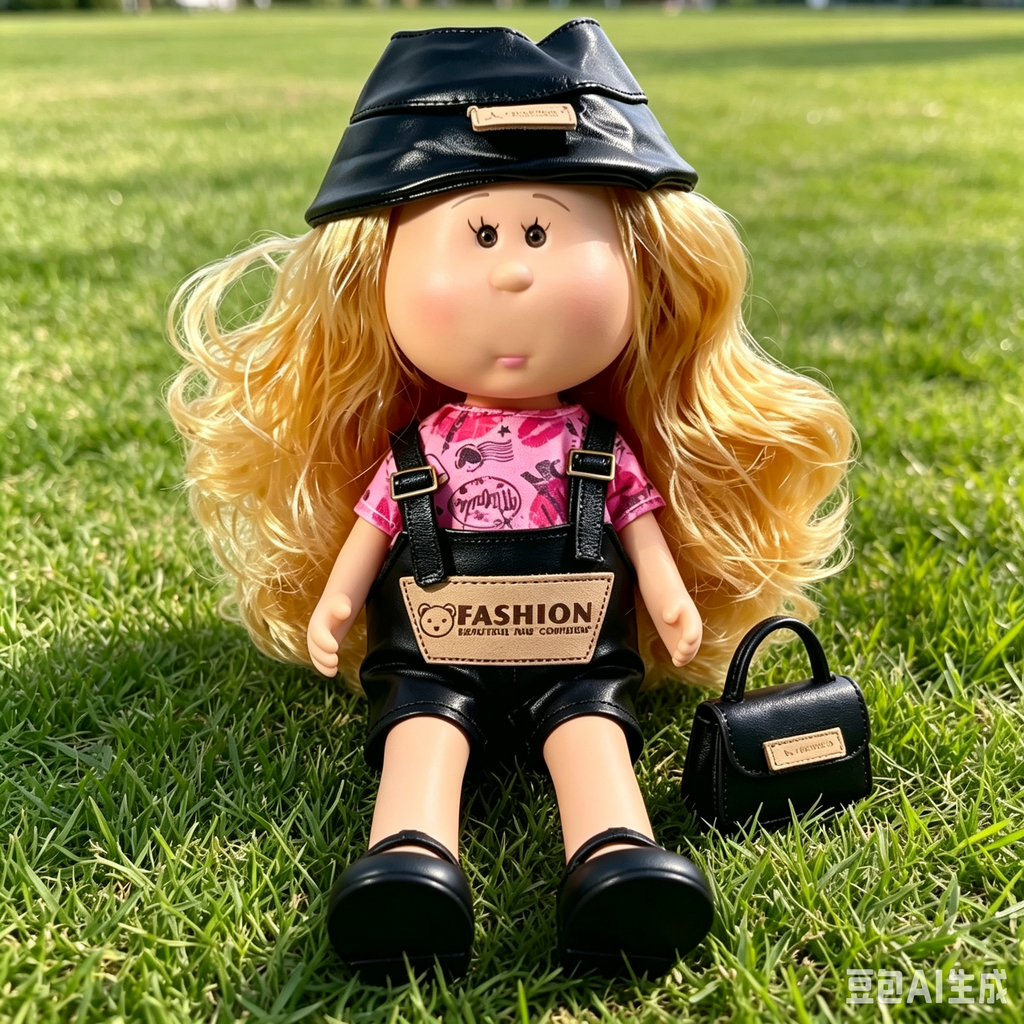 24cm MIA Potato Doll Long Blonde Wavy Hair with Black PU Bucket Hat Pink Printed Short‑Sleeve Shirt Black PU Overalls Black Mary Jane Shoes Fashion Dress‑Up Toy Birthday Christmas Gift for Children
