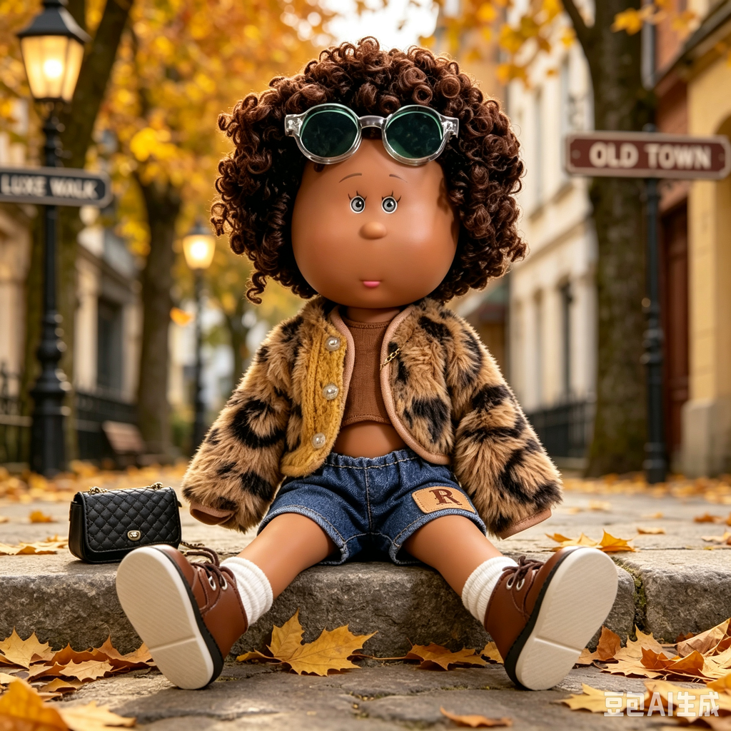 Luxury Street Style MIA Potato Doll 24cm Brown Afro Curly Hair Doll Fur Denim Outfit Pretend Play Collectible Toy Holiday Present for Boys & Girls