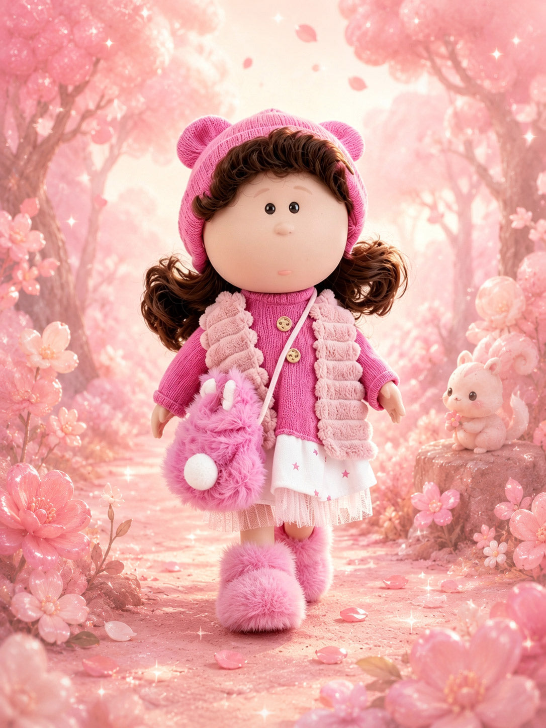 30cm Spanish Mia Potato Doll Pink Plush Bear-Ear Winter Outfit Set, Handmade DIY Dress-Up Collectible Toy, Birthday Holiday Gift for Girls