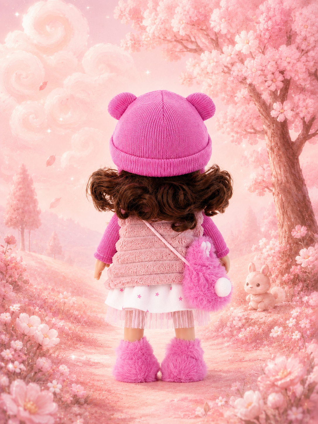 30cm Spanish Mia Potato Doll Pink Plush Bear-Ear Winter Outfit Set, Handmade DIY Dress-Up Collectible Toy, Birthday Holiday Gift for Girls