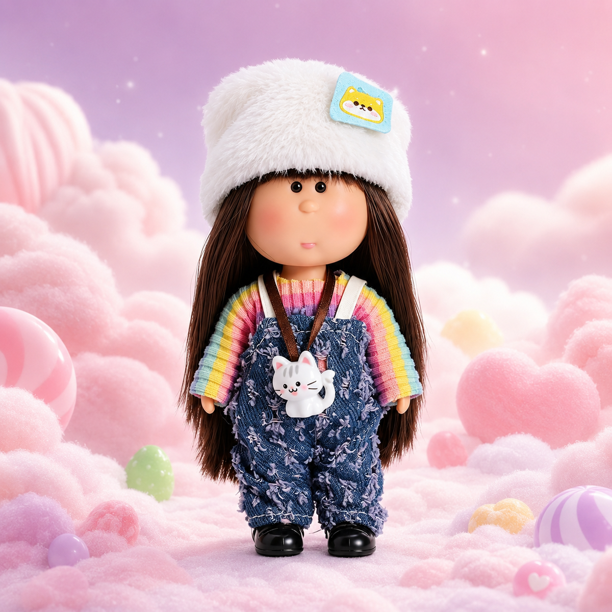 14cm MIA Potato Doll Keychain Pendant Long Straight Brown Hair Fluffy White Cat Patch Hat Rainbow Gradient Knit Top Distressed Denim Overalls White Cat Charm Lanyard Strap Cute Wearable Collectible Bag Accessory Birthday Christmas Holiday Gift for Girls