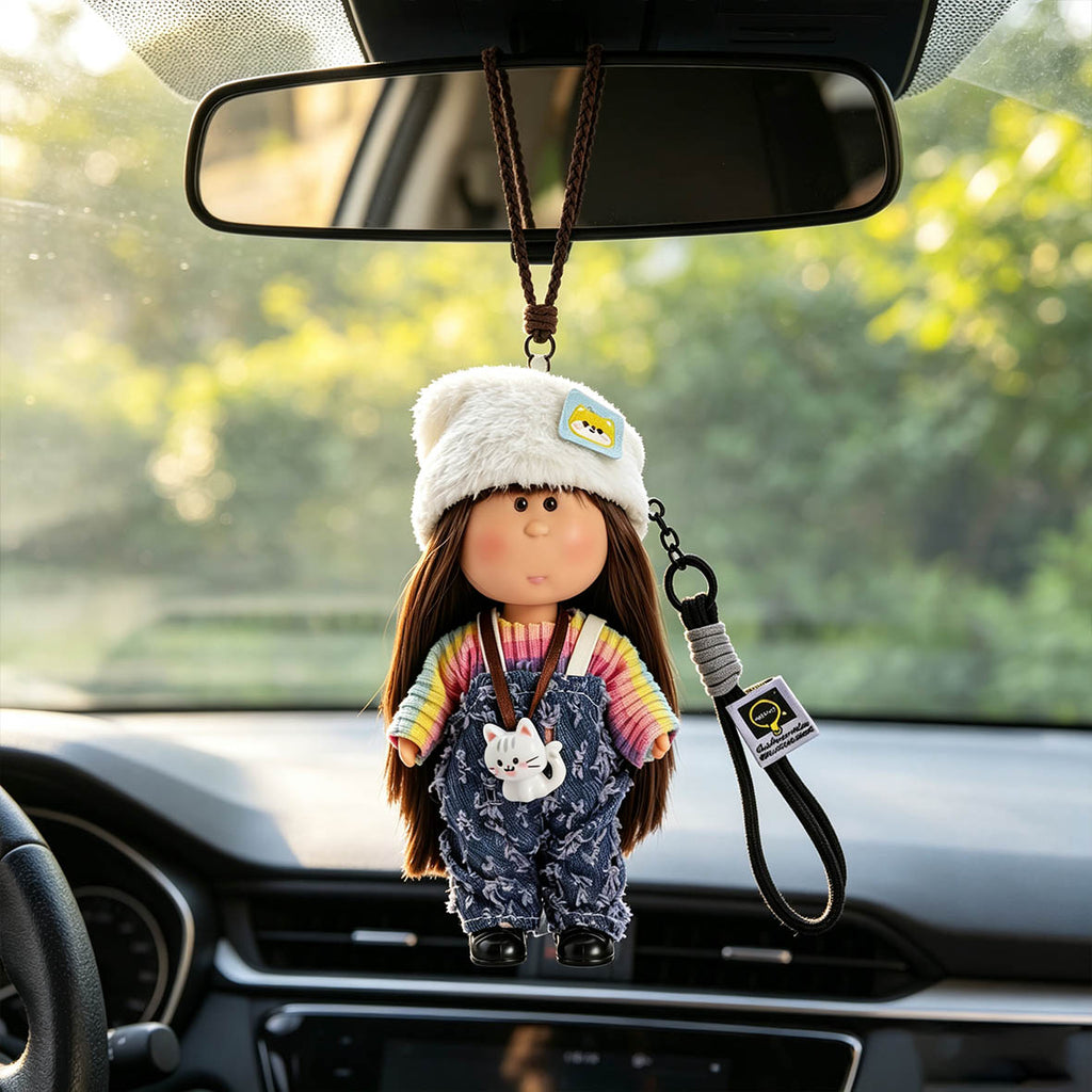 14cm MIA Potato Doll Keychain Pendant Straight Black Hair Panda‑Ear Fluffy Hood Baby Bear Patch Black Fuzzy Shrug Camellia Brooch Plaid Lace Skirt Woven Lanyard Strap Cute Backpack Ornament Birthday Christmas Holiday Gift for Girls & Doll Collectors