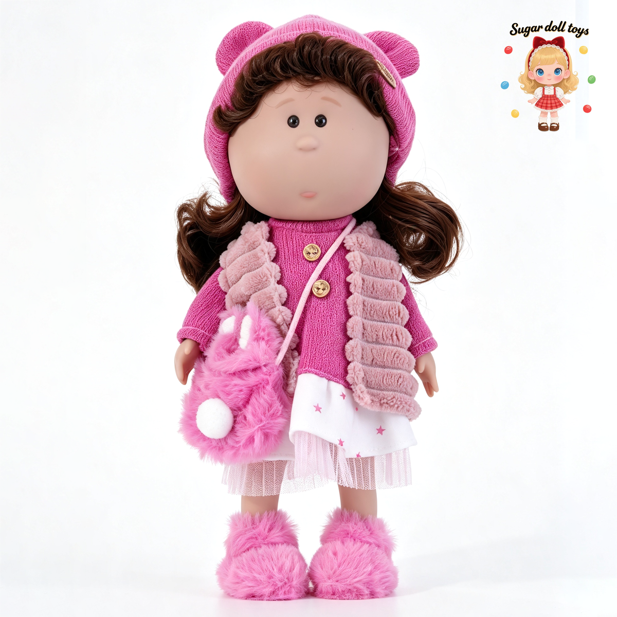 30cm Spanish Mia Potato Doll Pink Plush Bear-Ear Winter Outfit Set, Handmade DIY Dress-Up Collectible Toy, Birthday Holiday Gift for Girls