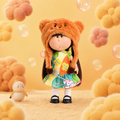 24cm Mia Round‑Face Doll, Brown Straight Bangs Hair Brown Bear Fuzzy Trapper Hat Oil‑Painting Floral Flutter‑Sleeve Dress Collectible Dress‑Up Doll, Playful Forest Style Gift for Girls & Doll Collectors