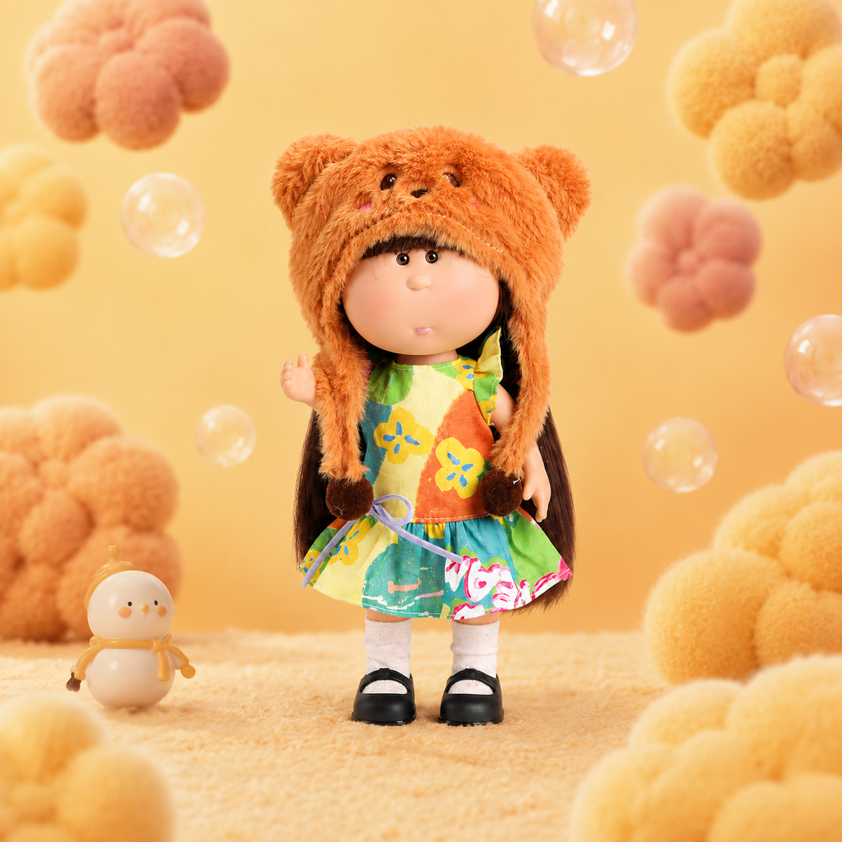 24cm Mia Round‑Face Doll, Brown Straight Bangs Hair Brown Bear Fuzzy Trapper Hat Oil‑Painting Floral Flutter‑Sleeve Dress Collectible Dress‑Up Doll, Playful Forest Style Gift for Girls & Doll Collectors
