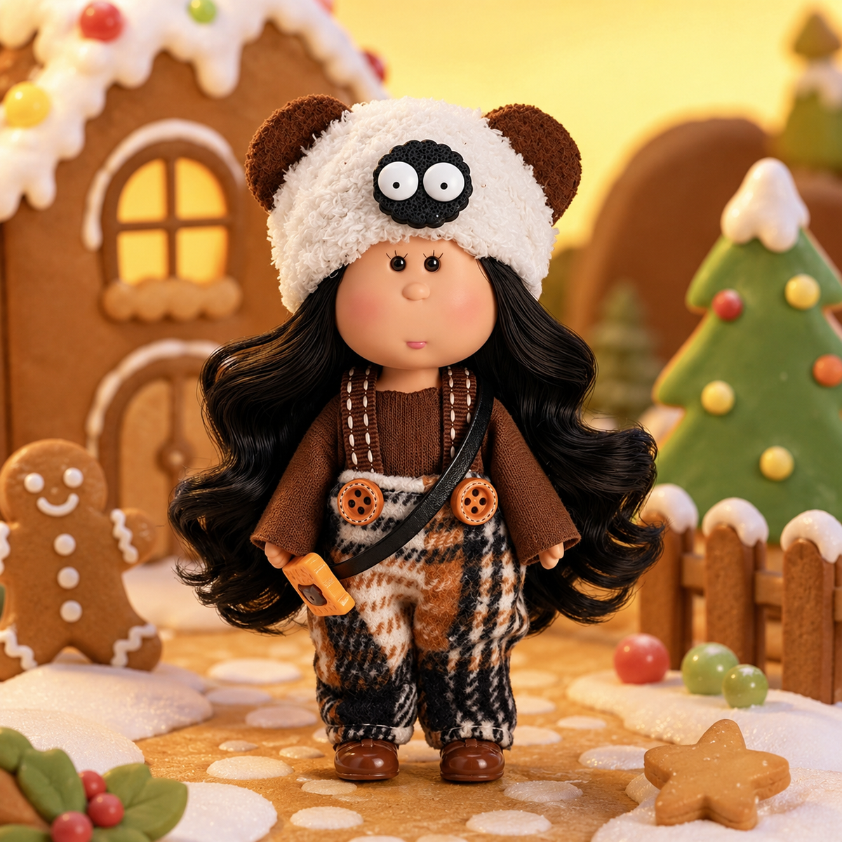 14cm MIA Potato Doll Vintage Casual Earth Tone Outfit 14cm MIA Potato Doll Bag Charm Black Curly Hair Bear Plush Hat Plaid Overalls Portable Collectible Keychain Ornament Present for Youth Hobbyists
