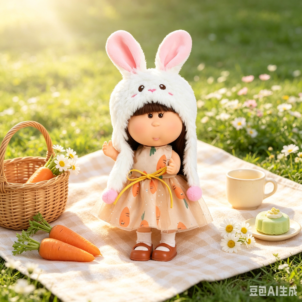 24cm Mia Round-Faced Doll – Features Brown Bangs, Fluffy White Rabbit-Ear Hat, and Carrot-Print Glitter Tulle Dress; Collectible Dress-Up Doll – Pastoral Bunny-Themed Gift for Girls & Collectors (Easter/Christmas Gift)