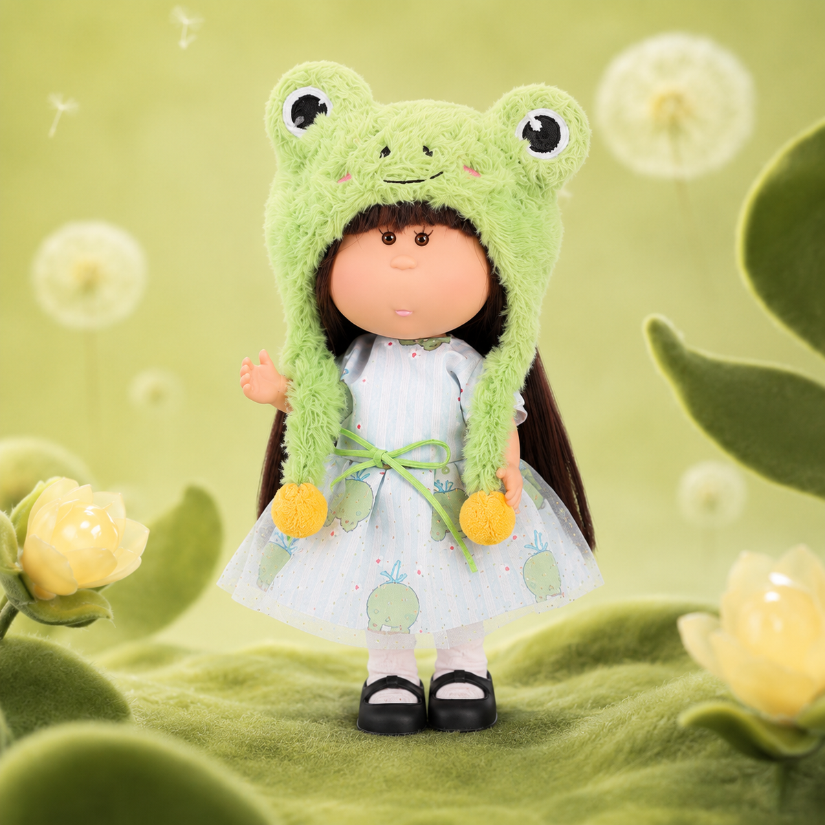 24cm Mia Round‑Face Doll, Brown Straight Bangs Hair Fluffy Frog Earflap Hat Frog Print Tulle Dress Collectible Dress‑Up Doll, Fresh Cute Animal‑Theme Gift for Girls & Doll Collectors