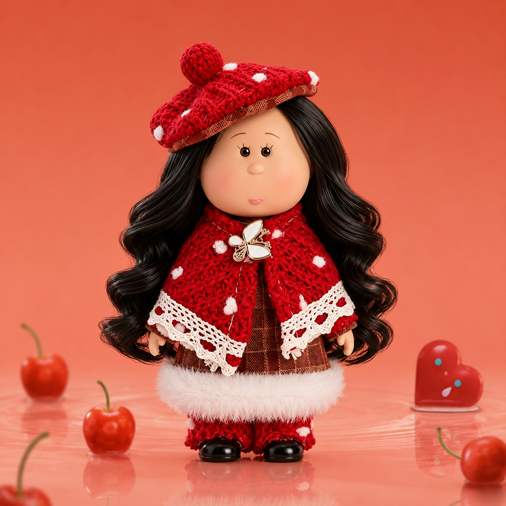 14cm MIA Potato Doll Keychain Pendant Long Wavy Black Hair Red Knit Mushroom Beret Polka‑Dot Crochet Cape Butterfly Brooch Plush Trim Plaid Dress Braided Lanyard Strap Winter Style Backpack Charm Birthday Christmas Holiday Gift for Girls & Doll Collectors
