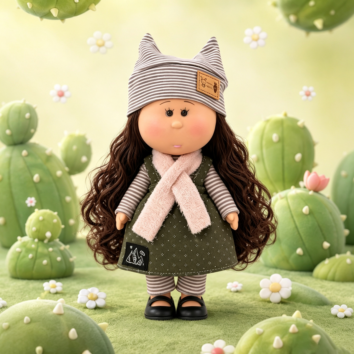 24cm MIA Potato Doll Curly Brown Hair Striped Cat‑Ear Hat Autumn Layered Outfit Removable Clothing Toy Gift for Collectors & Kids