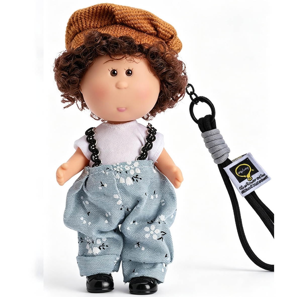 14cm MIA Potato Doll Keychain, Brown Curly Hair Knit Beret Floral Print Suspender Pants Vintage Style Backpack Charm Collector Gift