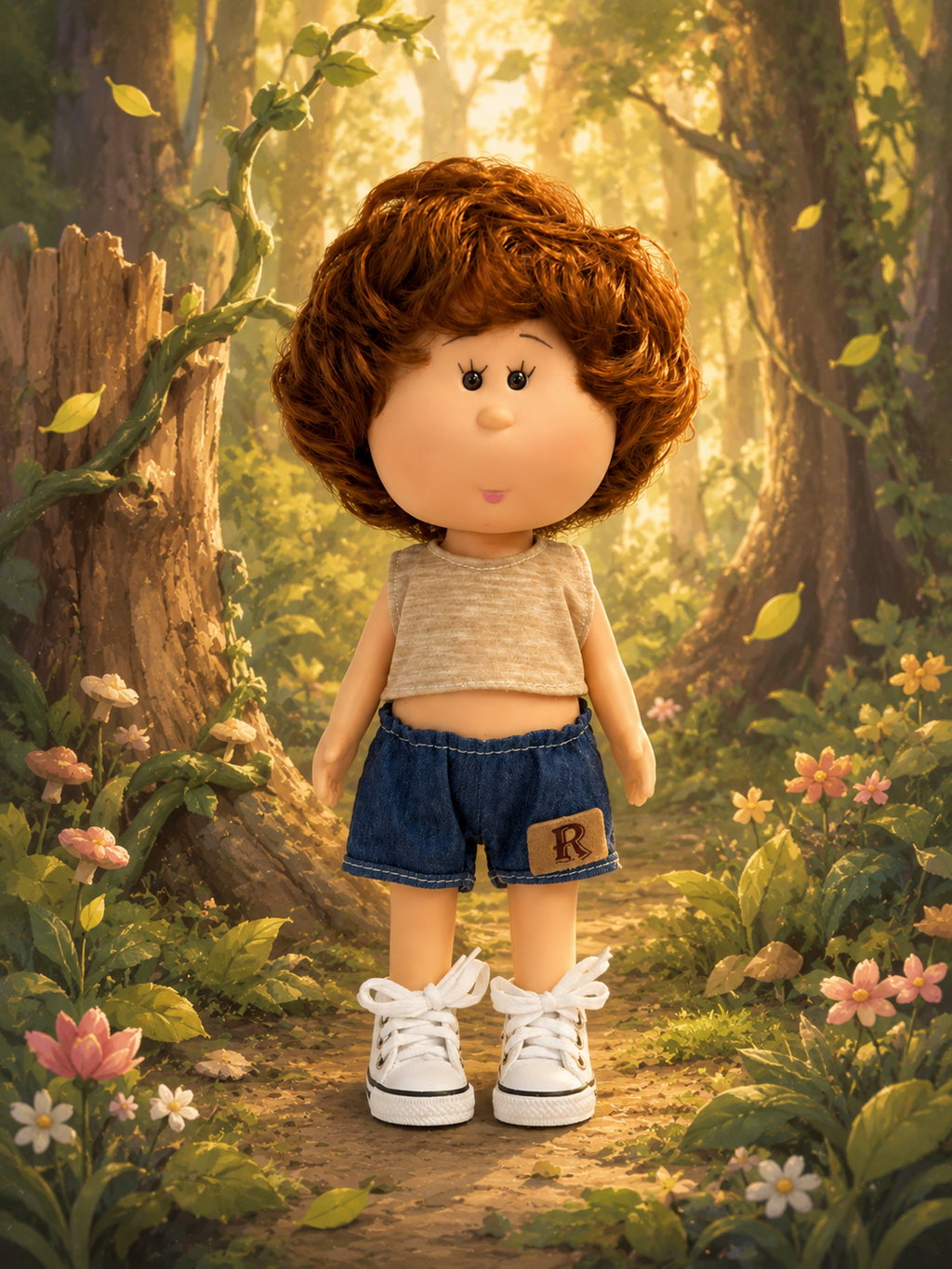 24cm MIA Potato Doll – Reddish-Brown Curly Hair, Sleeveless Tank Top, Denim Shorts, White Canvas Sneakers (Vinyl Collectible Toy) – Birthday Gift / Christmas Toy