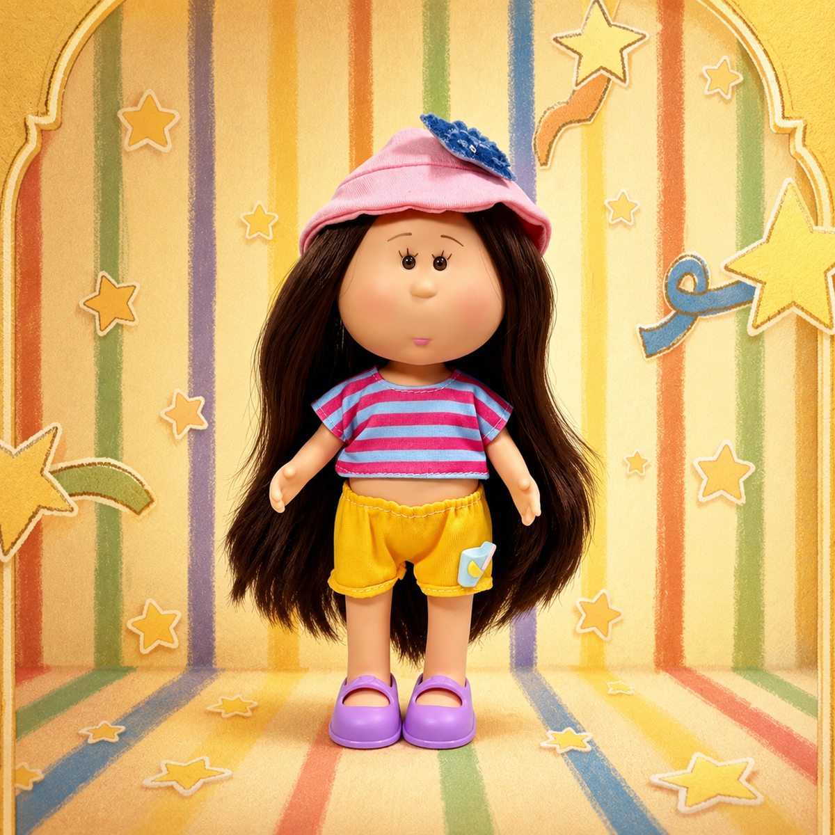 24cm MIA Potato Doll – Long Brown Hair, Pink Bucket Hat, Summer Casual Outfit, Purple Flat Shoes. Vacation‑style doll—perfect as a birthday, Christmas, Children’s Day gift for imaginative play.
