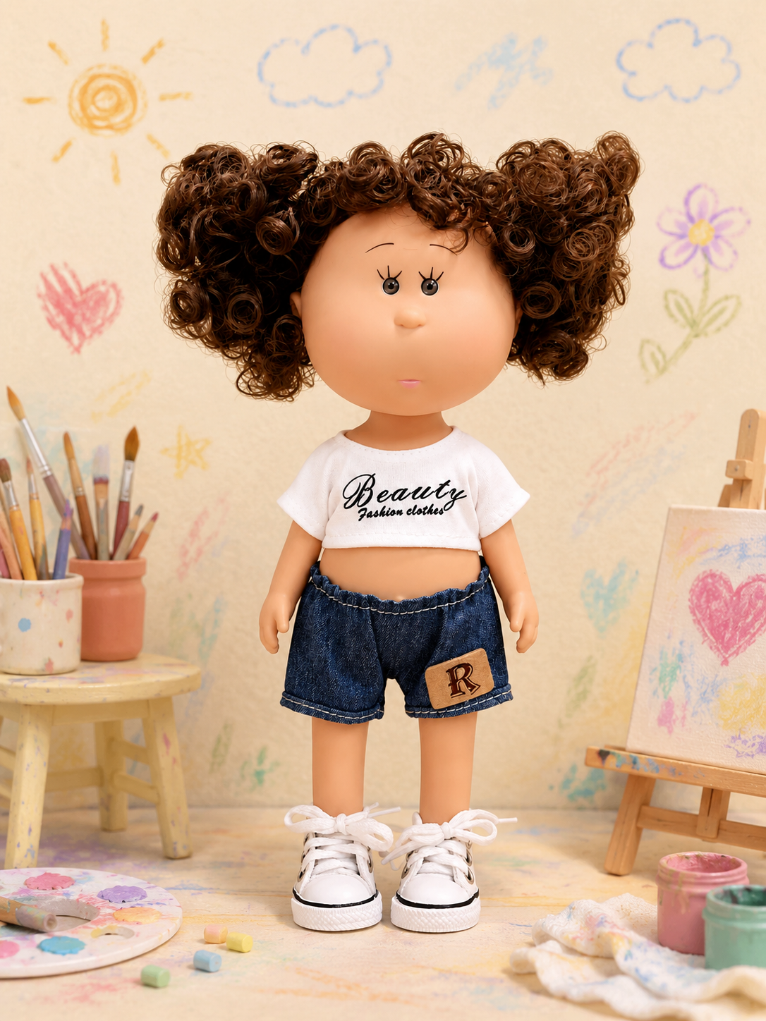 24cm MIA Potato Doll Afro Curly Hair Cropped Print T‑Shirt Denim Shorts Sneakers Removable Street Style Outfit Toy Gift for Kids Collectors