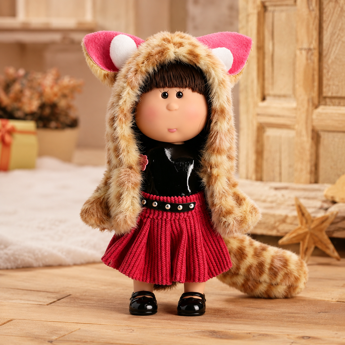 14cm MIA Potato Doll Keychain, Fox‑Ear Furry Coat Red Knit Skirt Animal Cosplay Style Backpack Charm Holiday Gift