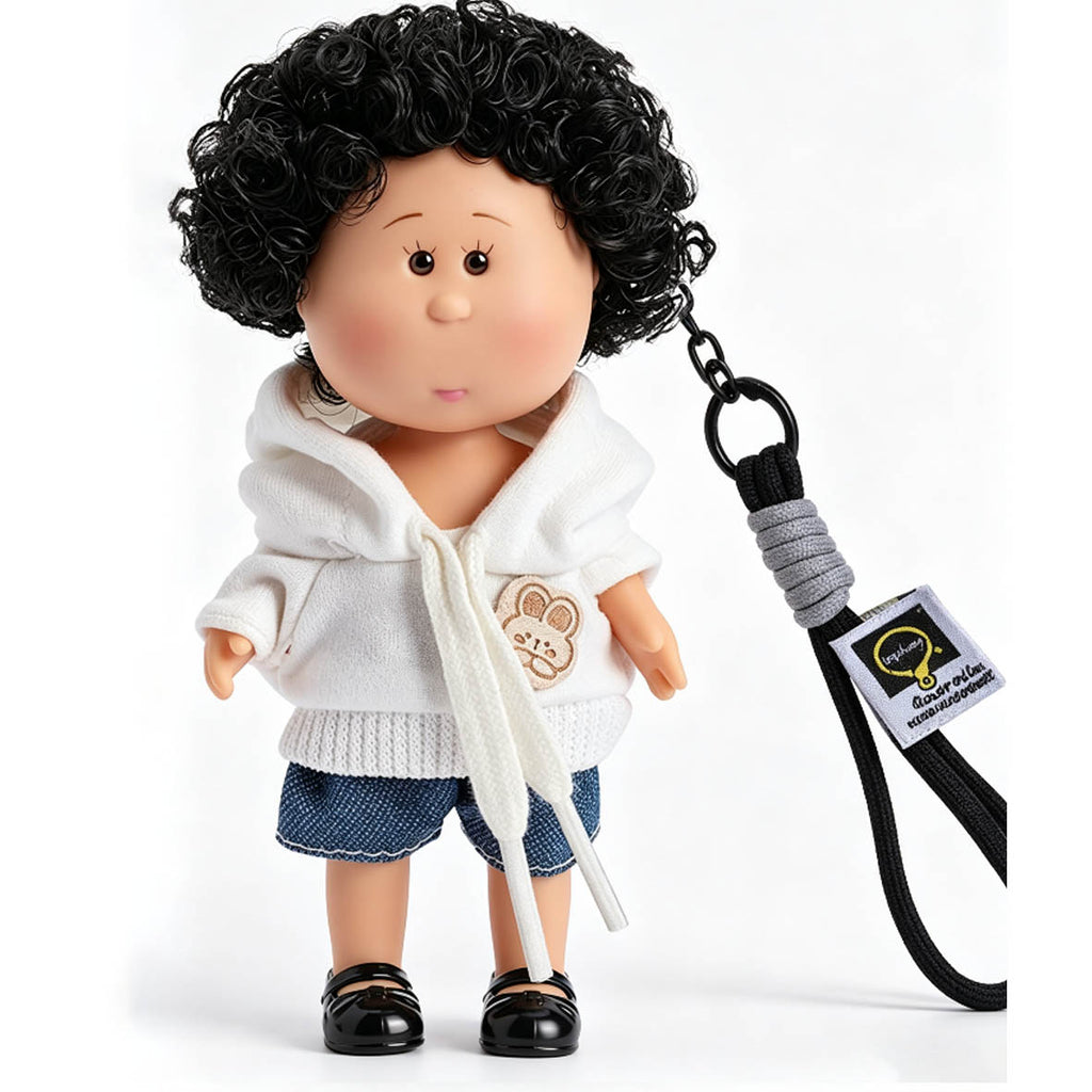 14cm MIA Potato Doll Keychain, Black Curly Hair White Bunny‑Patch Hoodie Denim Shorts Casual Style Backpack Charm Gift for Collectors