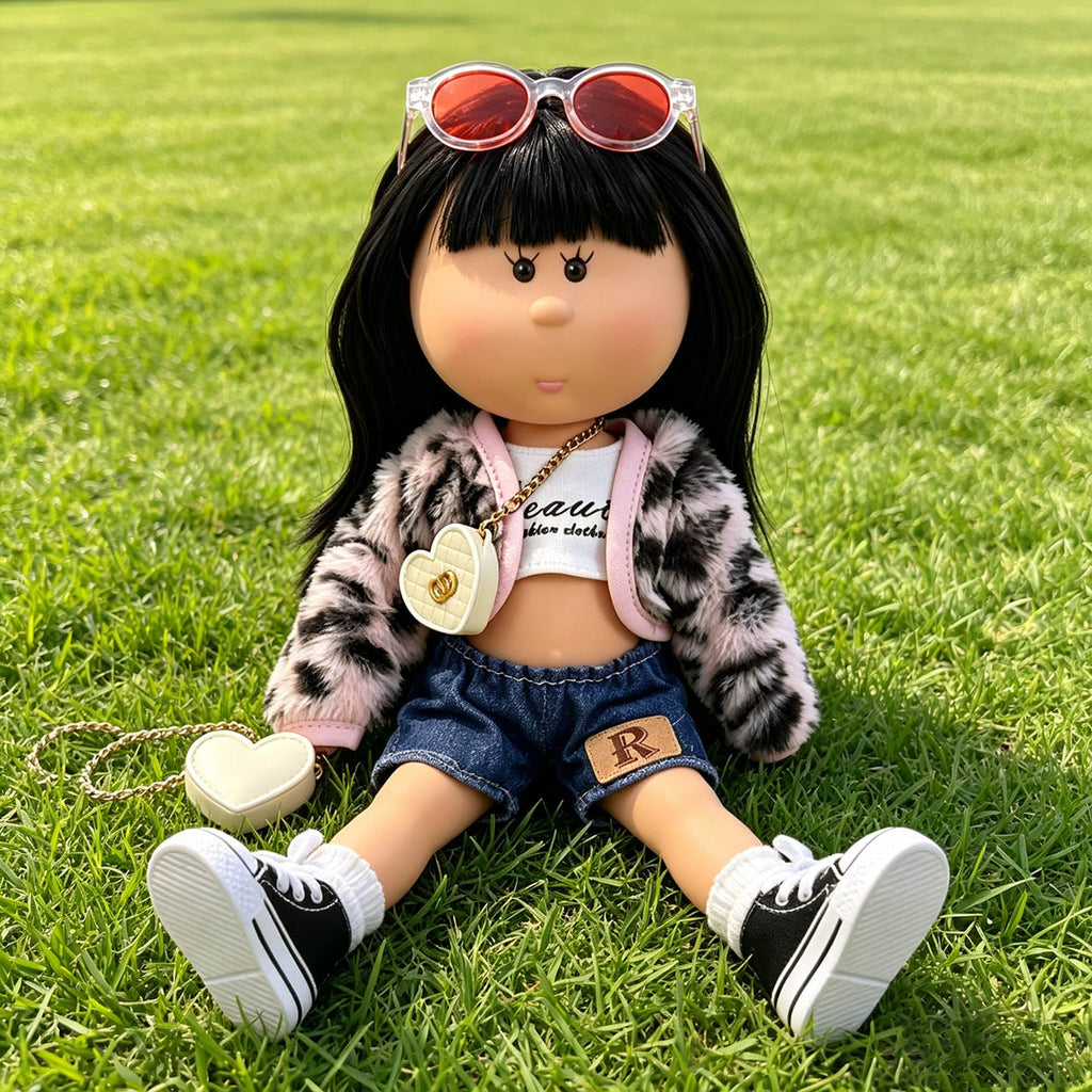 Sweet Urban Street Style MIA Potato Doll 24cm Straight Black Bangs Hair Doll Fur Denim Outfit Pretend Play Collectible Toy Holiday Present for Boys & Girls