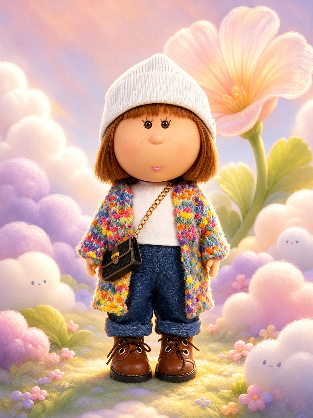 24cm MIA Potato Doll — Brown bob hairstyle, white knitted beanie, colorful crochet jacket, crossbody bag; collectible vinyl toy; gift for girls, Christmas/autumn decor, Thanksgiving gift.