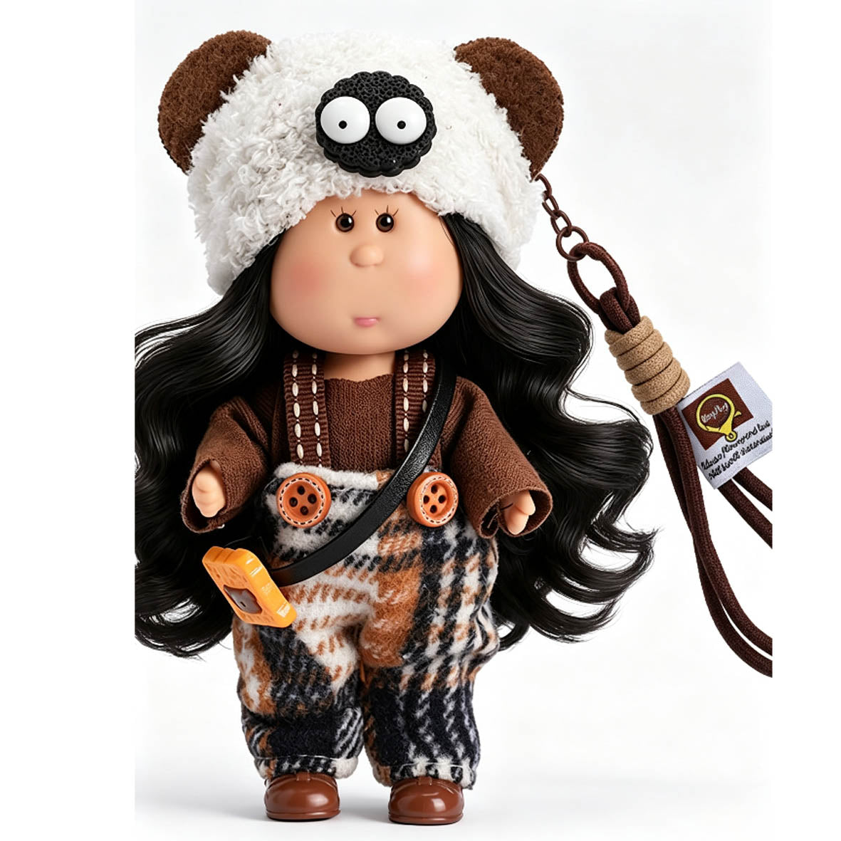 14cm MIA Potato Doll Vintage Casual Earth Tone Outfit 14cm MIA Potato Doll Bag Charm Black Curly Hair Bear Plush Hat Plaid Overalls Portable Collectible Keychain Ornament Present for Youth Hobbyists