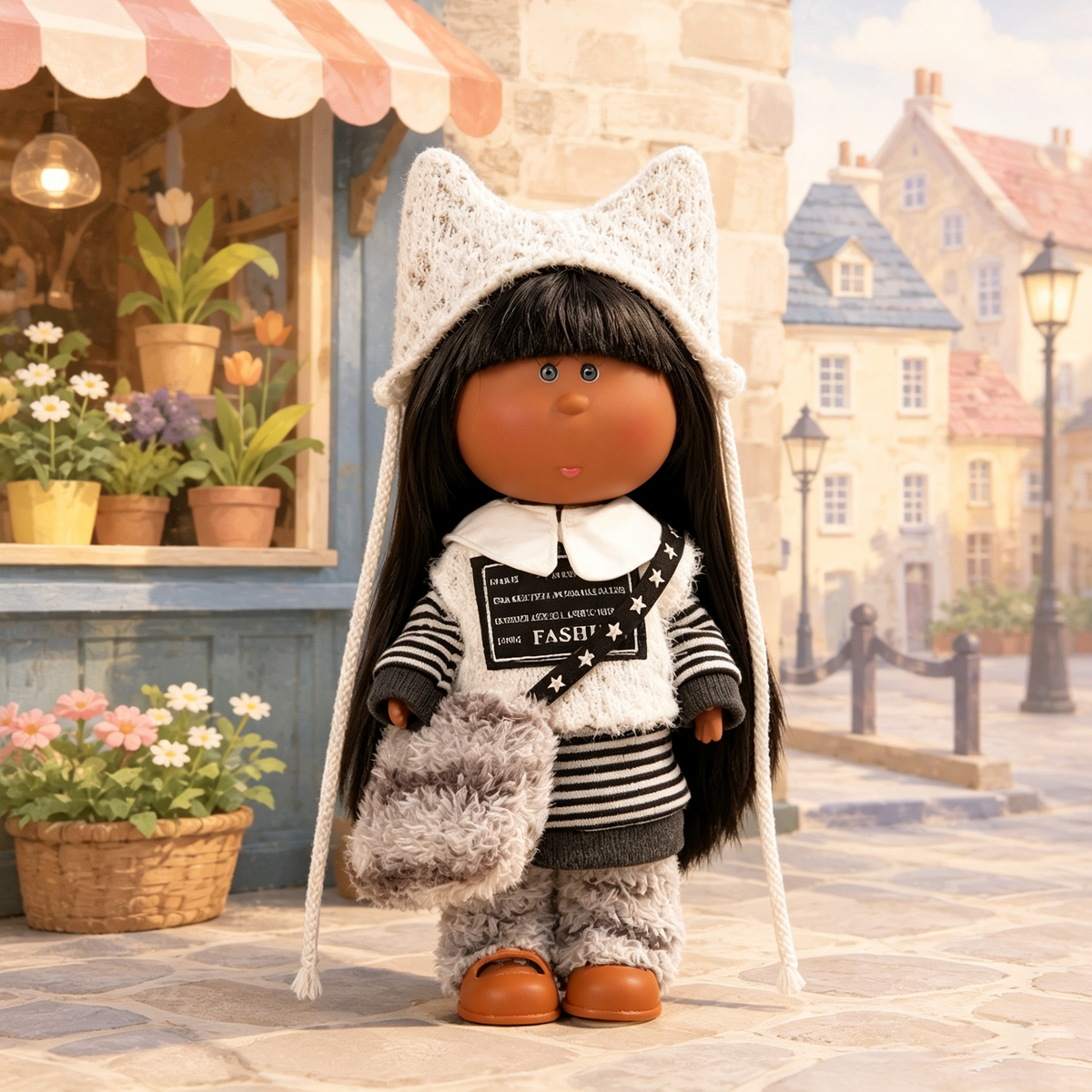24cm MIA Potato Doll Dark Skin Cat‑Ear Knit Hat Fuzzy Monochrome Winter Outfit Plush Crossbody Bag Vinyl Collectible Toy