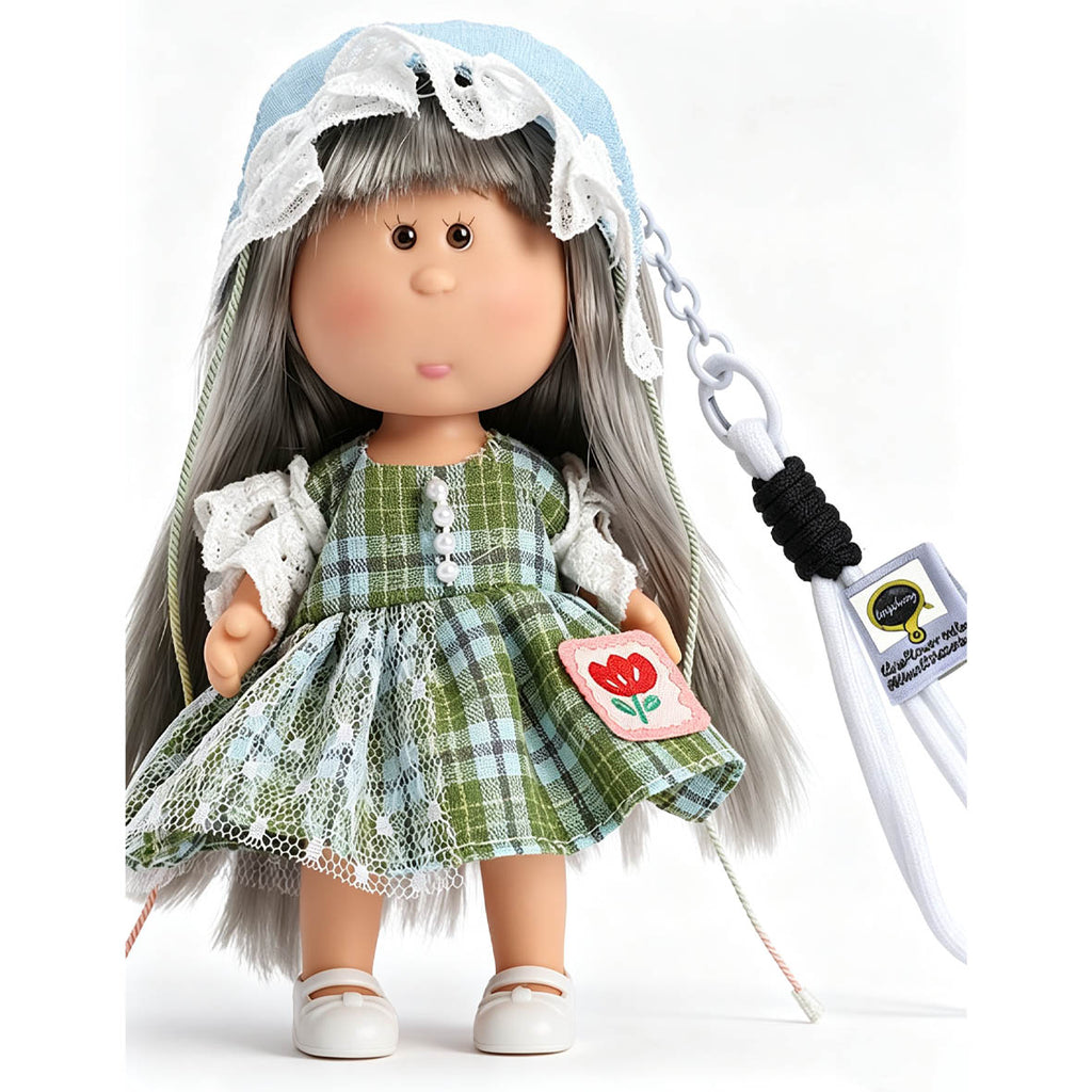 14cm MIA Potato Doll Keychain, Lace Bonnet Plaid Lace Dress Cottage Style Backpack Charm Holiday Gift for Girls
