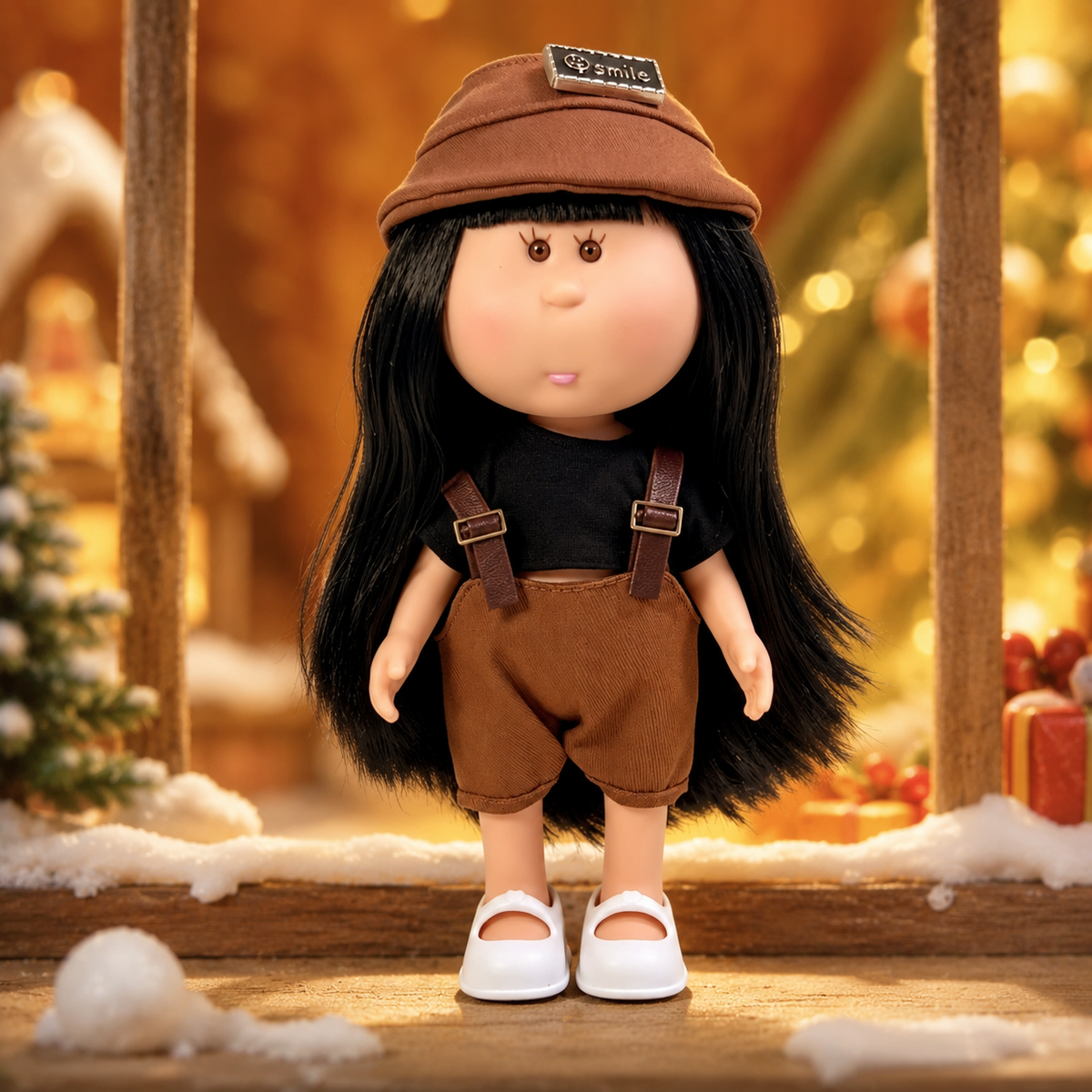 24cm MIA Potato Doll Long Straight Black Hair with Smile‑Label Brown Beret Black Crop Top Brown Corduroy Suspender Shorts White Mary Jane Shoes Fashion Dress‑Up Toy Birthday Christmas Gift for Children