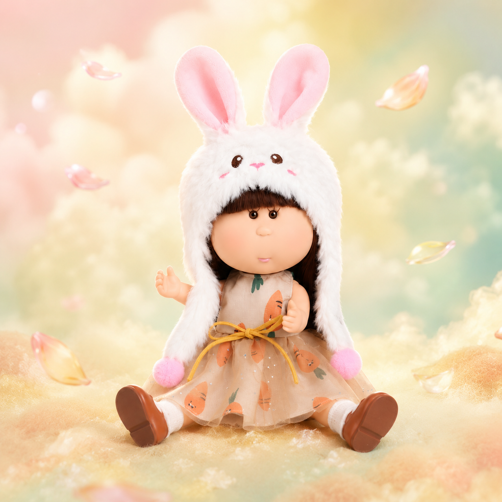 24cm Mia Round-Faced Doll – Features Brown Bangs, Fluffy White Rabbit-Ear Hat, and Carrot-Print Glitter Tulle Dress; Collectible Dress-Up Doll – Pastoral Bunny-Themed Gift for Girls & Collectors (Easter/Christmas Gift)