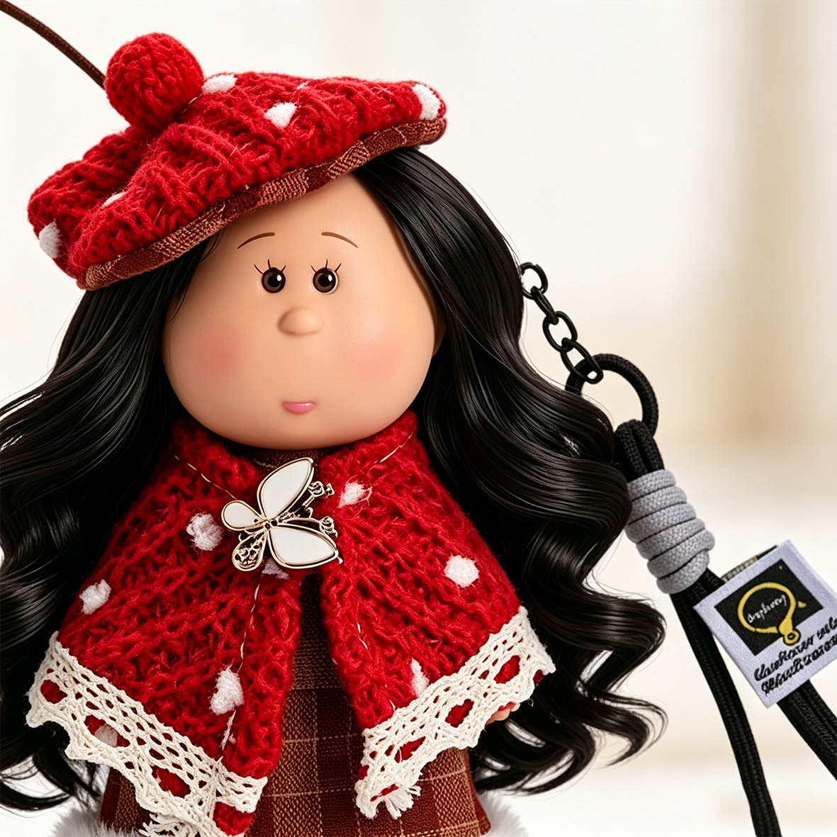 14cm MIA Potato Doll Keychain Pendant Long Wavy Black Hair Red Knit Mushroom Beret Polka‑Dot Crochet Cape Butterfly Brooch Plush Trim Plaid Dress Braided Lanyard Strap Winter Style Backpack Charm Birthday Christmas Holiday Gift for Girls & Doll Collectors