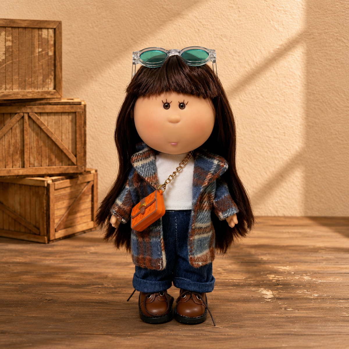 24cm MIA Potato Doll Straight Bangs Long Brown Hair Plaid Woolen Coat Denim Pants Glasses Crossbody Bag Removable Retro Outfit Toy Gift for Collectors