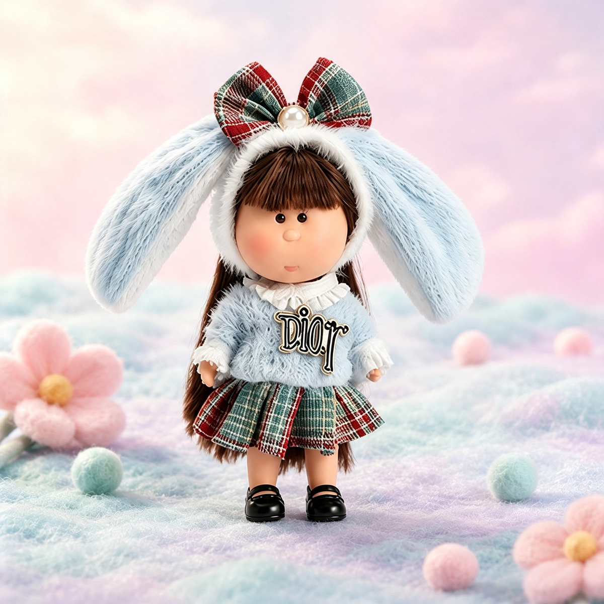 14cm MIA Potato Doll Keychain, Light Blue Furry Bunny Ear Hood Plaid Bow Plush Sweater Plaid Skirt Backpack Charm Holiday Gift