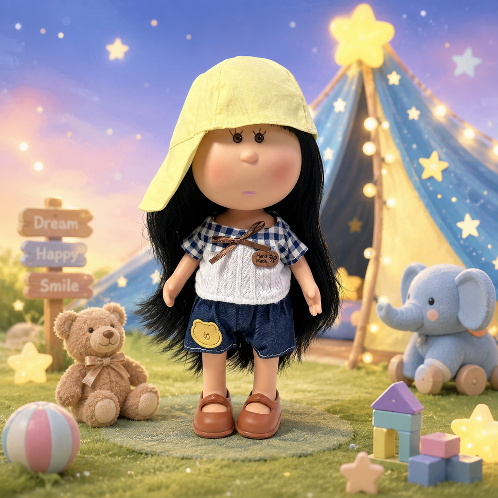 24cm MIA Potato Doll Long Straight Black Hair with Light Yellow Peaked Cap Plaid Spliced Knit Top Bear Patch Denim Shorts Brown Mary Jane Shoes Casual Dress‑Up Toy Birthday Christmas Gift for Children