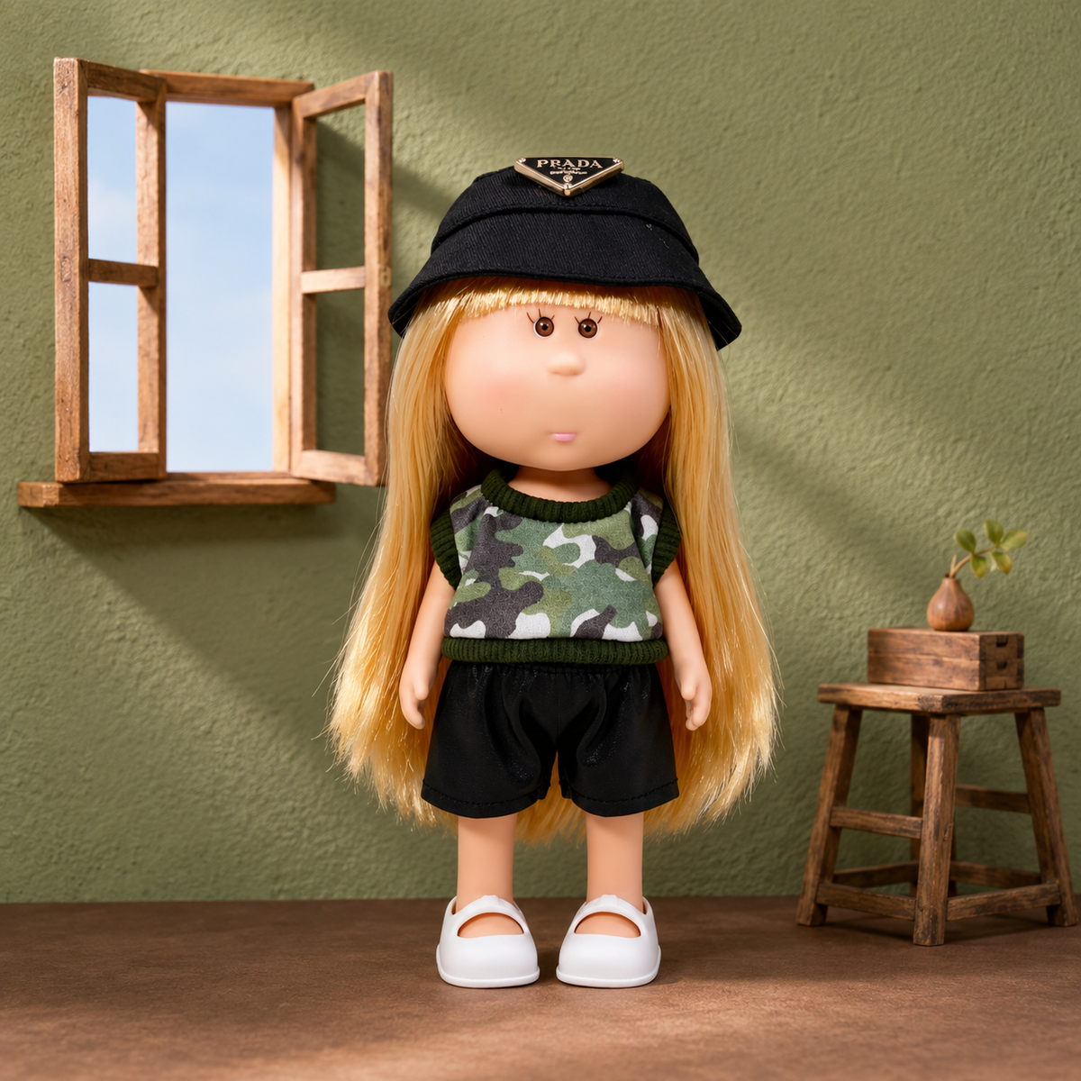 24cm MIA Potato Doll Long Straight Blonde Hair with Black Logo Bucket Hat Camouflage Knit Trim Sleeveless Top Black PU Shorts White Mary Jane Shoes Fashion Dress‑Up Toy Birthday Christmas Gift for Children