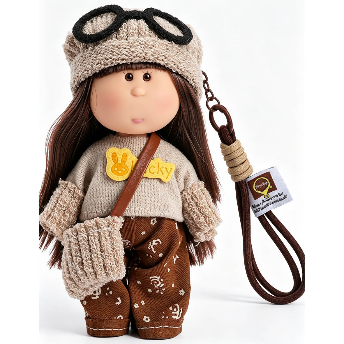 14cm MIA Potato Doll Keychain, Knit Beanie with Glasses Patchwork Sweater Casual Brown Pants Backpack Charm Gift Cafe Retro Style MIA Potato Doll Bag Charm Knitted Outfit Crossbody Strap Portable Collectible Keychain