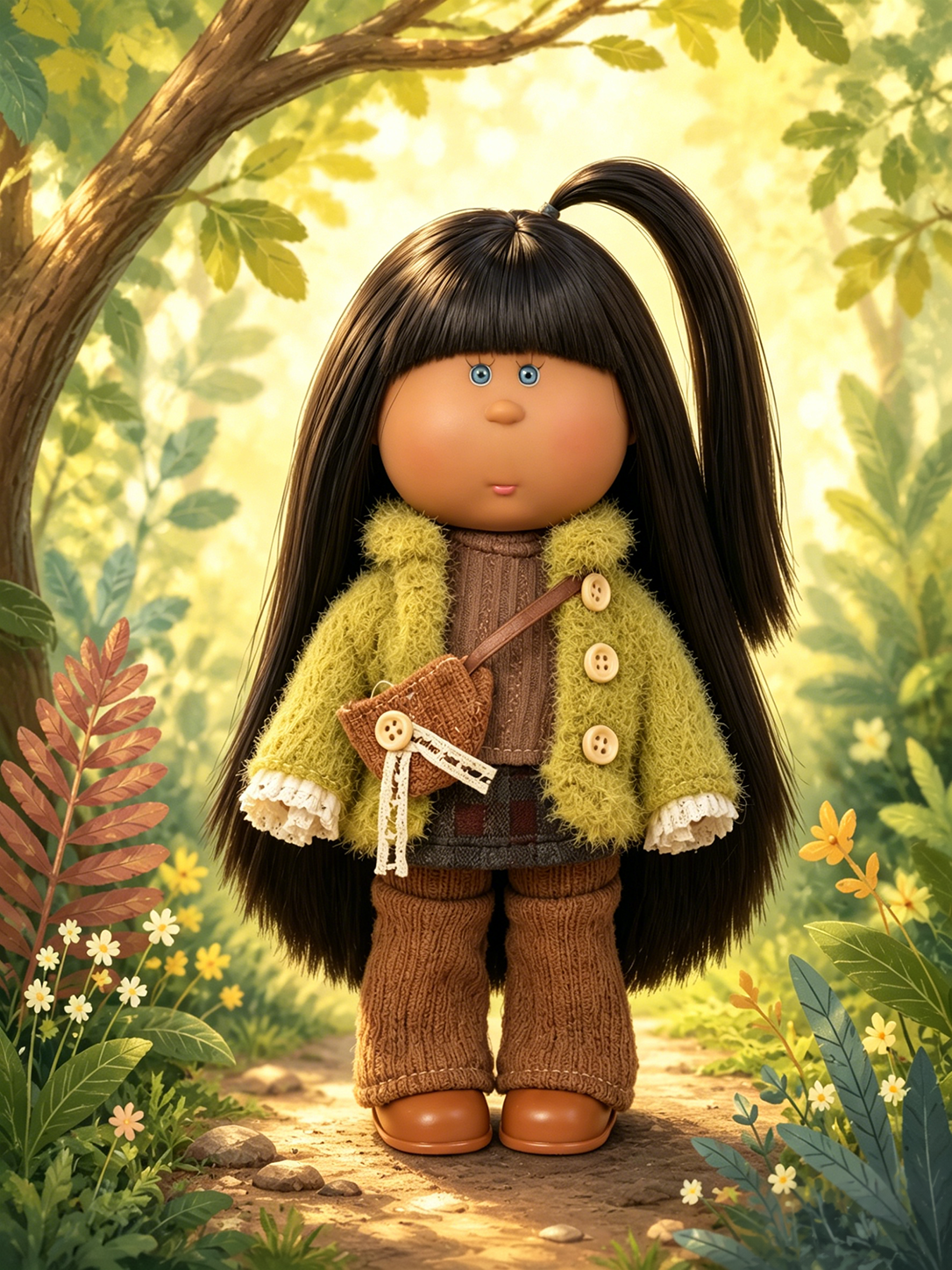 24 CM MIA Potato Dark‑Skin Vinyl Doll Straight Black  Handmade Fabric Crossbody Pouch  Removable Full Autumn Outfit Warm Retro Style Collectible Toy Birthday Gift For Hobbyist Doll Collectors