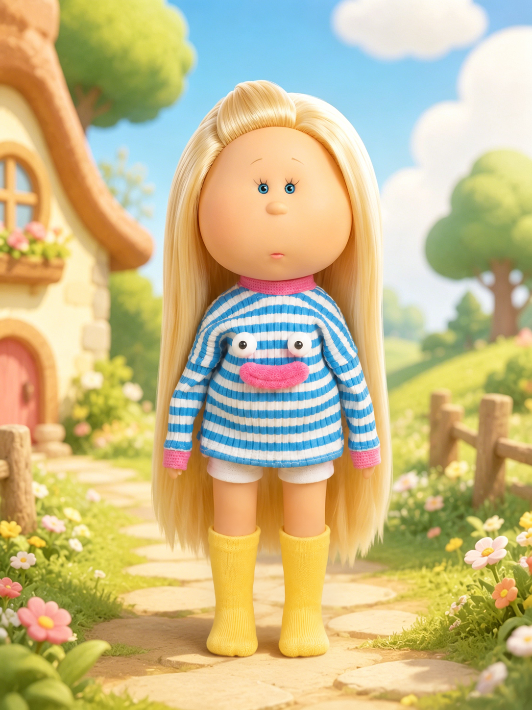 24cm Mia Long‑Face Doll, Blonde Straight Hair Cartoon Frog  Striped Knit Top Casual Outfit Collectible Dress‑Up Doll, Playful Fun Gift for Girls & Doll Hobbyists