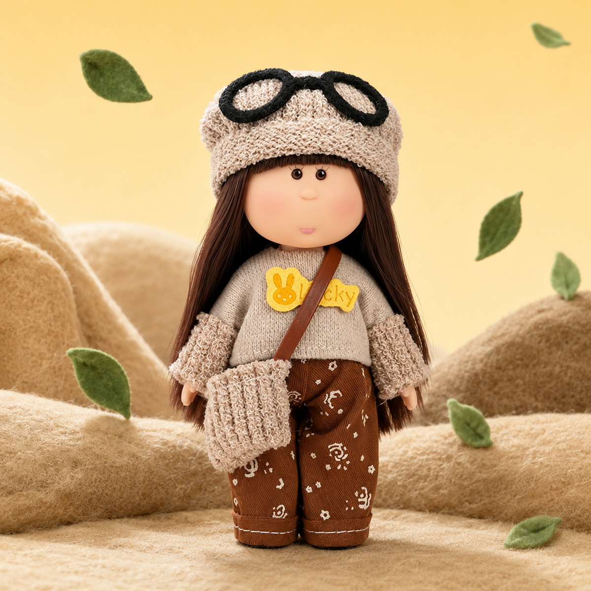 14cm MIA Potato Doll Keychain, Knit Beanie with Glasses Patchwork Sweater Casual Brown Pants Backpack Charm Gift Cafe Retro Style MIA Potato Doll Bag Charm Knitted Outfit Crossbody Strap Portable Collectible Keychain