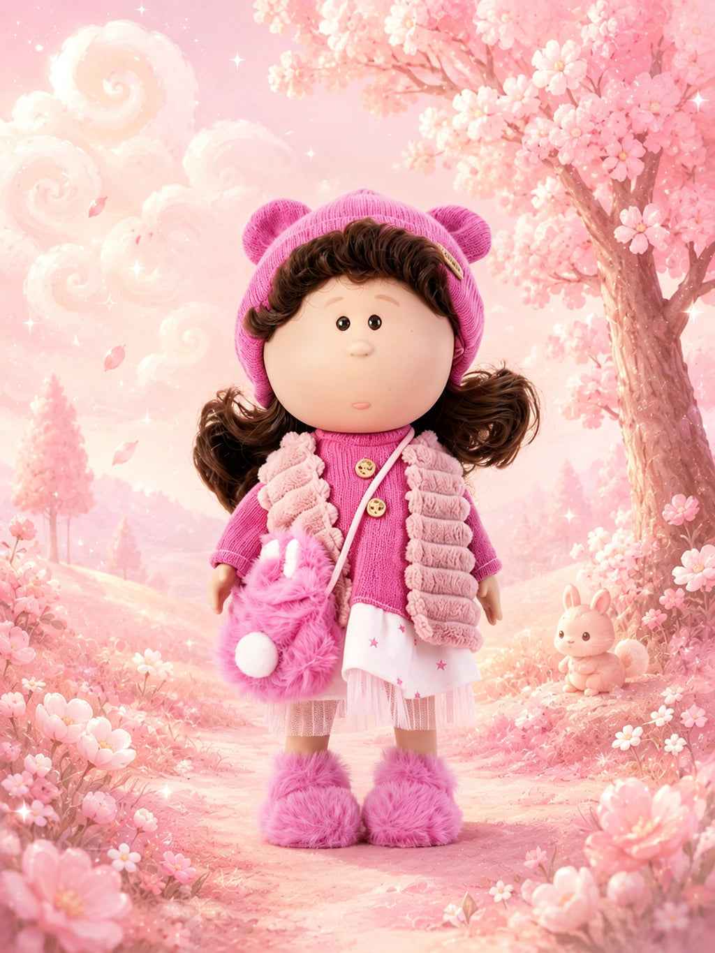 30cm Spanish Mia Potato Doll Pink Plush Bear-Ear Winter Outfit Set, Handmade DIY Dress-Up Collectible Toy, Birthday Holiday Gift for Girls